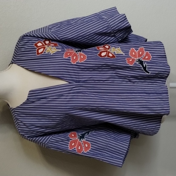 Zara Woman Chambray Embroidered Floral Striped Elbow Length Top Size Large - Picture 1 of 10